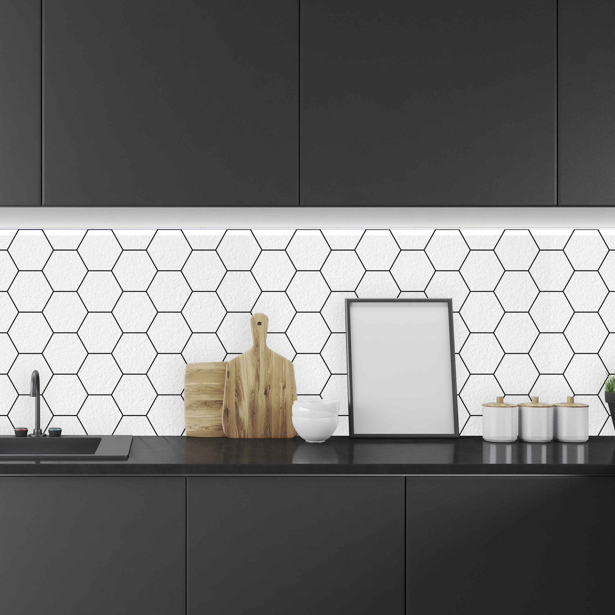 light grey hexagon backsplash
